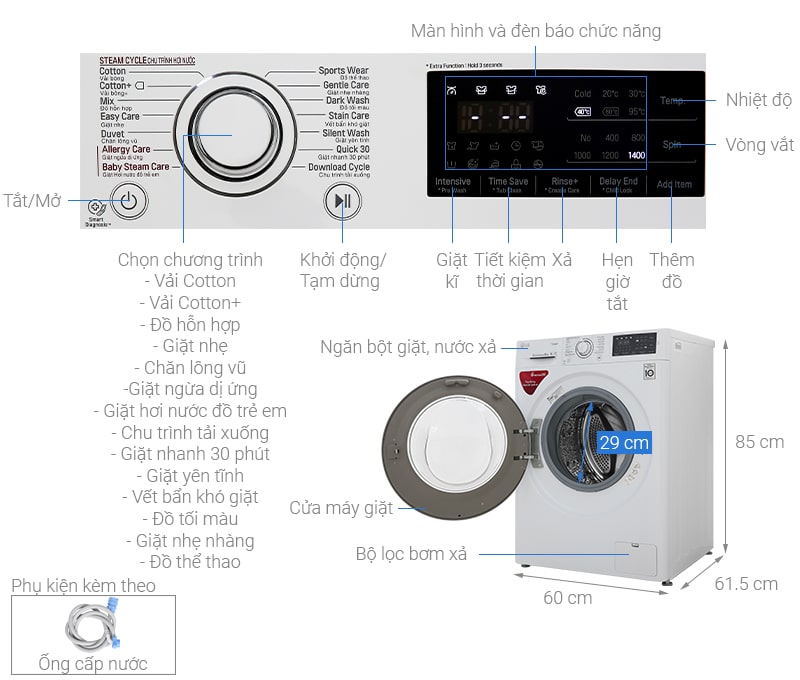 Thông tin: Máy giặt LG 8kg FC1408S5W Mẫu 2019