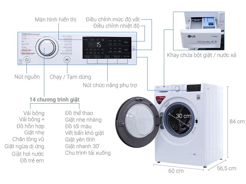 Máy giặt LG 8kg FC1408S4W2 Inverter, 6 chuyển động